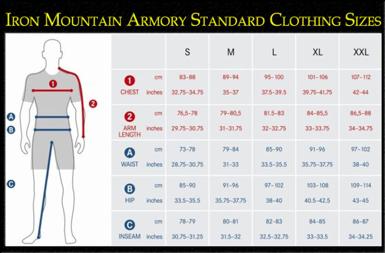 Standard Clothing Sizing Chart for Iron Mountain Armory